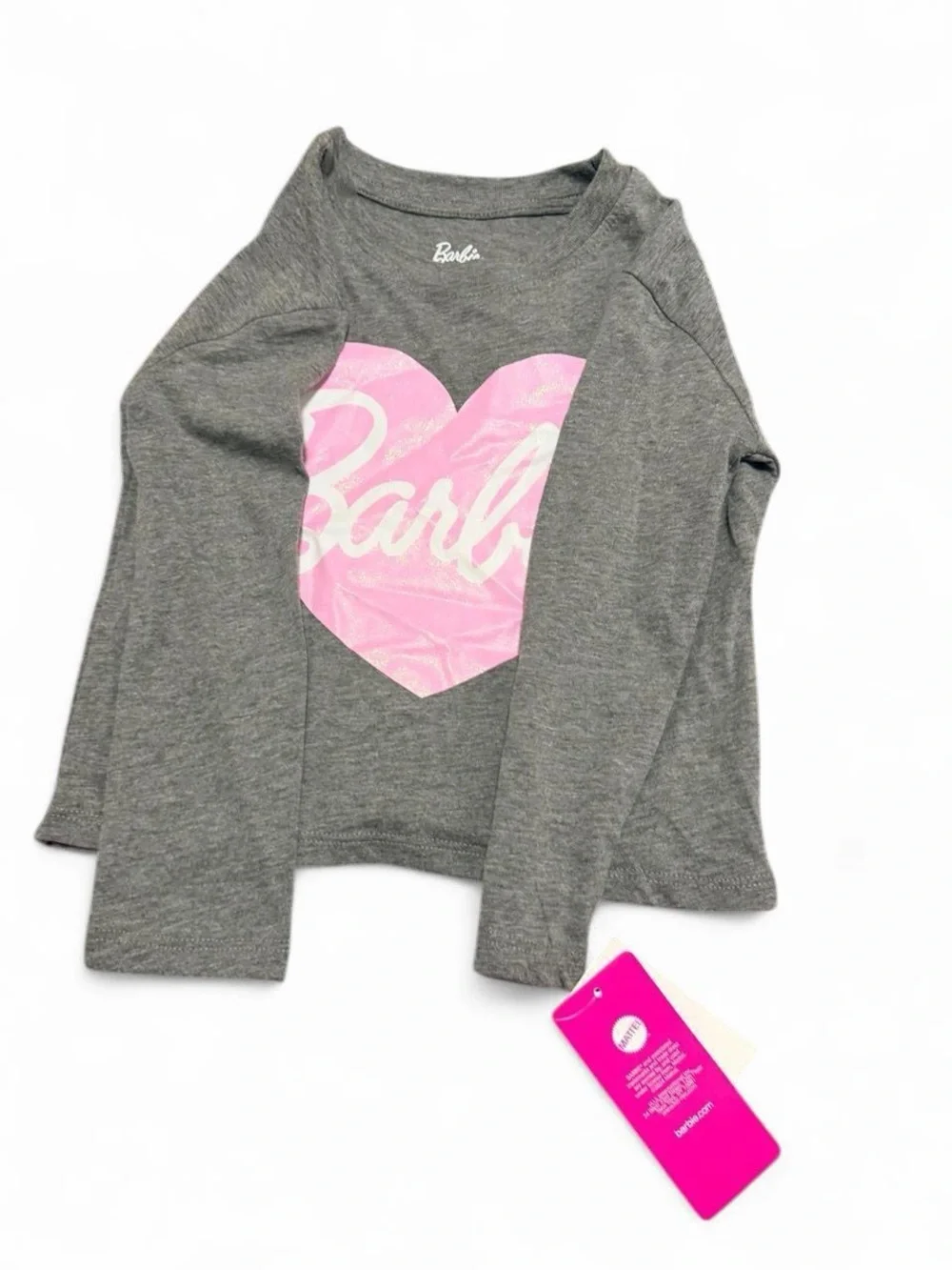 Barbie Gray Long Sleeve Top with Pink Heart Script
